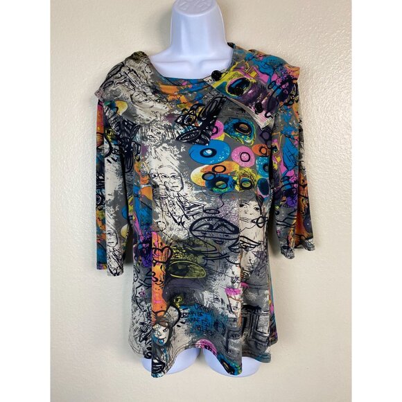 Joseph Ribkoff Abstract Graffiti Art Tunic Top size 12 Asymmetrical Button Boho - Picture 1 of 16